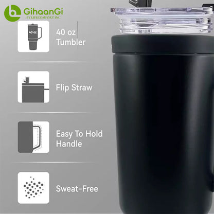 40oz Insulated Tumbler w/ Straw & Extra Lid - Stainless Steel Travel Mug