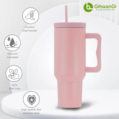 40oz Insulated Tumbler w/ Straw & Extra Lid - Stainless Steel Travel Mug