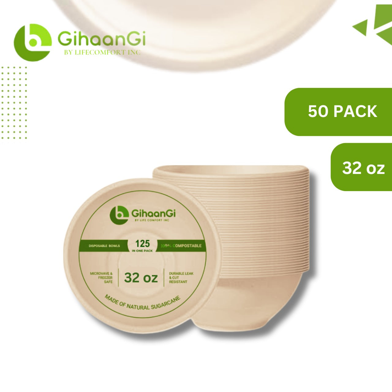 Natural Disposable Bowls | 32oz | Pack of 50 | High-Quality Material Used | 8 Packs per carton | MOQ: 1 Carton