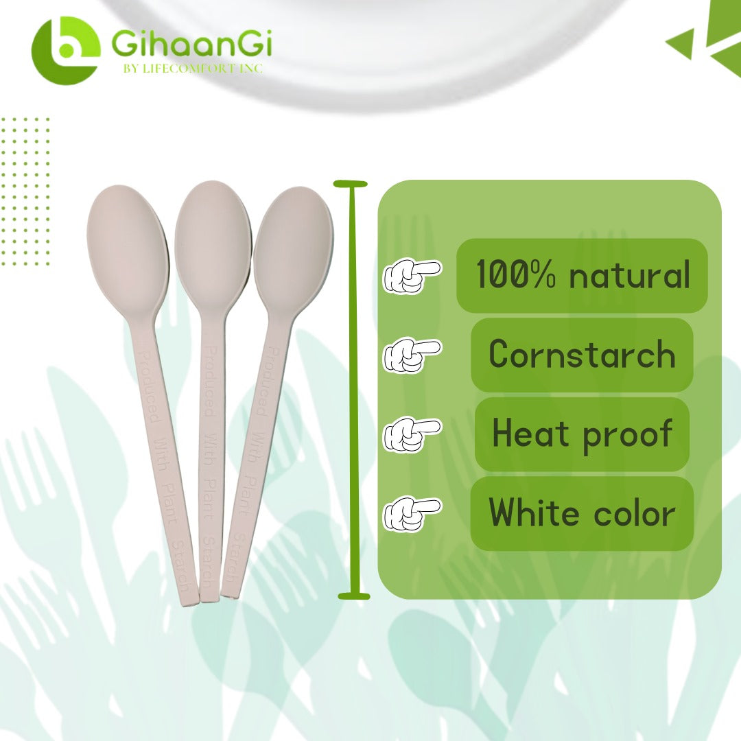 White Disposable Spoons | Made of Cornstarch | High-Quality | 100% Natural | Pack of 50 | 18 Packs per carton | MOQ: 1 Carton
